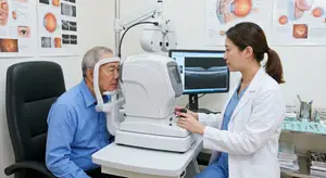 An elderly man having his eyes examined by a woman in a lab coat in an optometrist's office.