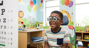 A young boy wearing an eye exam device while sitting in a chair inside a pediatric eye care office