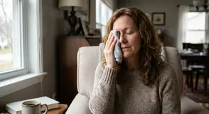 woman sitting on a chair in her living room and wiping her eyes with a tissue
