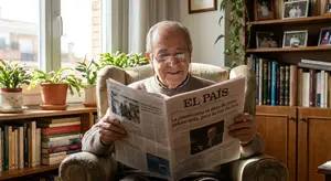 An older man with glasses sits in an armchair reading a newspaper.