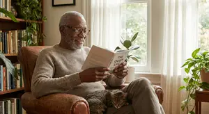 An older man in glasses is reading a book with a cat sleeping on his lap.