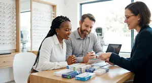 A woman helps a man and woman choose glasses at an optician