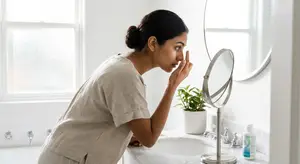 woman looking at herself in a mirror in the bathroom