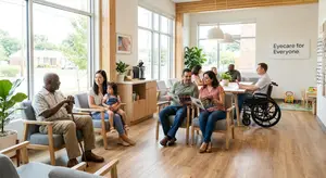 Group of people sitting and reading at an optometrist's office