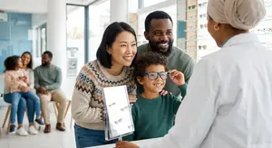 A family is looking at glasses in a store, the father is smiling while the mother and son are smiling and looking at the glasses, and the son is wearing glasses and holding a mirror.