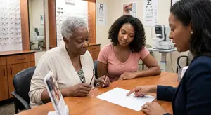 An elderly woman is sitting at a desk with two other women who are wearing glasses and seem to be discussing something