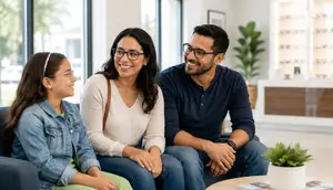 A family of three people sitting together on a couch in a waiting room with smiling faces
