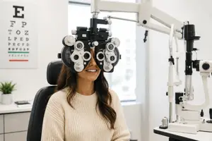 Woman sitting in an optometrist chair with an eye exam machine