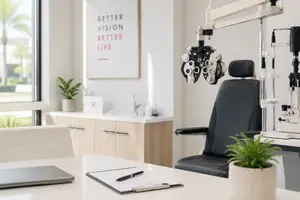 An optometrist office with a desk, eye exam chair, and plants.