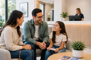 A family sits on a couch in a waiting room of a dental clinic and talks to a dentist