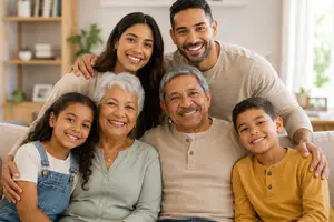 A family of five people, including two children, a woman, a man, and a grandparent, sit on a couch and smile for the camera