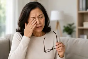 Close up of senior Asian woman holding her forehead while looking uncomfortable with blurry background