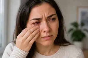 A woman with red eyes touches her eye and looks concerned, standing in a room with a plant and a window behind her.