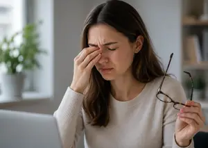 Woman holding glasses and rubbing her eye