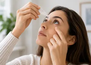 A woman using eye drops to relieve dry eye symptoms.