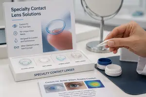 A hand holds a contact lens and places it in a lens case. A sign for specialty contact lens solutions is displayed.