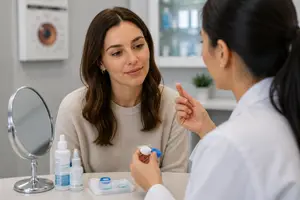 A woman in a white lab coat is helping another woman put on contact lenses in front of a mirror