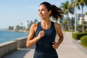 Fit woman jogging on the beachside promenade with a smile on her face