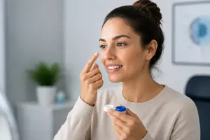 A woman is holding a blue and white contact lens container in her hand and putting it on her eye.