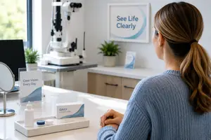 A woman with a ponytail is sitting at a desk in a doctor's office and is looking at a monitor and a box of contact lenses.