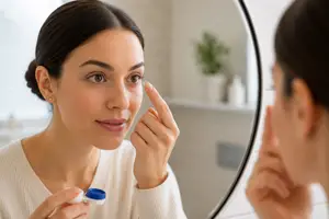 Woman with brown eyes and dark hair wearing a white sweater puts on a contact lens in front of a mirror