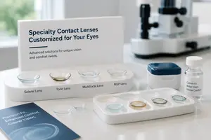 Close-up of specialty contact lenses in a tray with a sign reading Specialty Contact Lenses Customized for Your Eyes