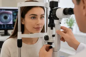woman having her eye examined by a doctor