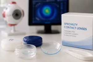 A display of specialty contact lenses and their packaging on a table