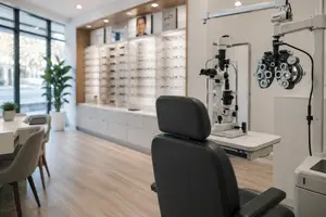 An Royal Palm Beach optometrist office with a chair in front of a Phoropter and a Slit Lamp.