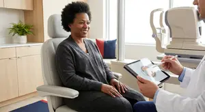 An adult woman sitting in a chair talking to a doctor with a tablet in his hand