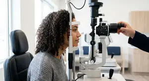 A woman with curly hair getting her eye checked by an optician at a clinic