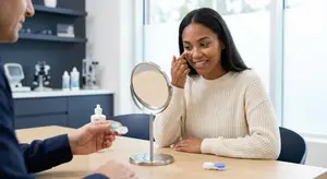 A woman is sitting in front of a desk and looking into a mirror while applying a skincare product. A man is standing next to her and holding a bottle of skincare product.
