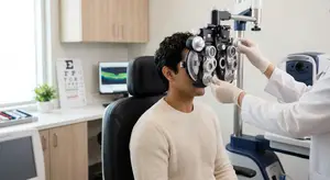 A man is having an eye exam in a medical office