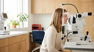A woman at an optometrists office getting her eyes examined