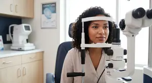 An eye exam in an optometrist's office with a woman getting her eyes checked.