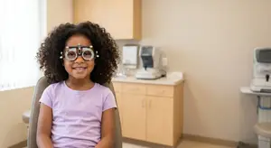 A girl with curly hair wearing a pink shirt is sitting in a chair in an optometrist's office.