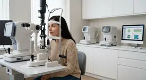 woman having an eye test in a modern optometrists surgery