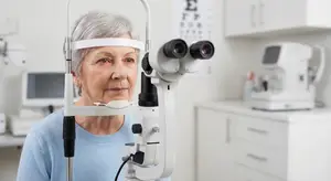 An elderly woman looking into an eye exam machine
