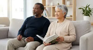 An older man and woman are sitting on a couch together reading a book about gardening