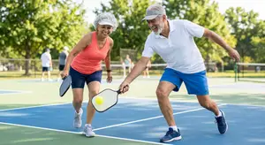 An older man and woman playing tennis on a blue court in the park