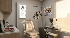 A modern eye examination room with a patient chair, phoropter, and family portrait.