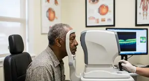 An elderly man having an eye exam by an optometrist using an OCT scan.
