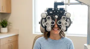 woman smiling while using an eye exam machine