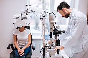 An adult male doctor is examining a woman's eyes with an eye examination machine in an eye clinic.