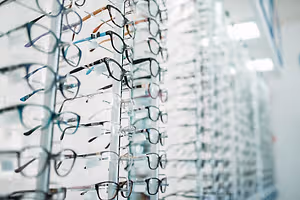 A wall of glasses frames displayed in a store.