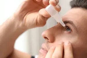 A man is applying eye drops to his left eye with his right hand. He is holding a white bottle with a dropper, and his right hand is on his right eye while his left hand is on his left eye.