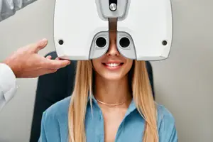 A woman wearing a vision testing machine with a doctor examining her eyes