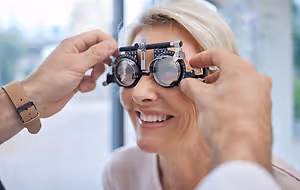 A smiling elderly woman with blonde hair is adjusting her glasses while looking at a doctor in a clinic.