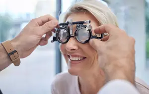 A smiling elderly woman with blonde hair is adjusting her glasses while looking at a doctor in a clinic.
