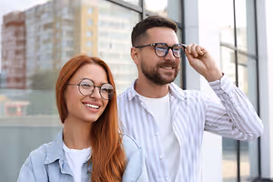 A woman with long red hair and a man with short brown hair wearing glasses are standing next to each other and smiling in front of a building.
